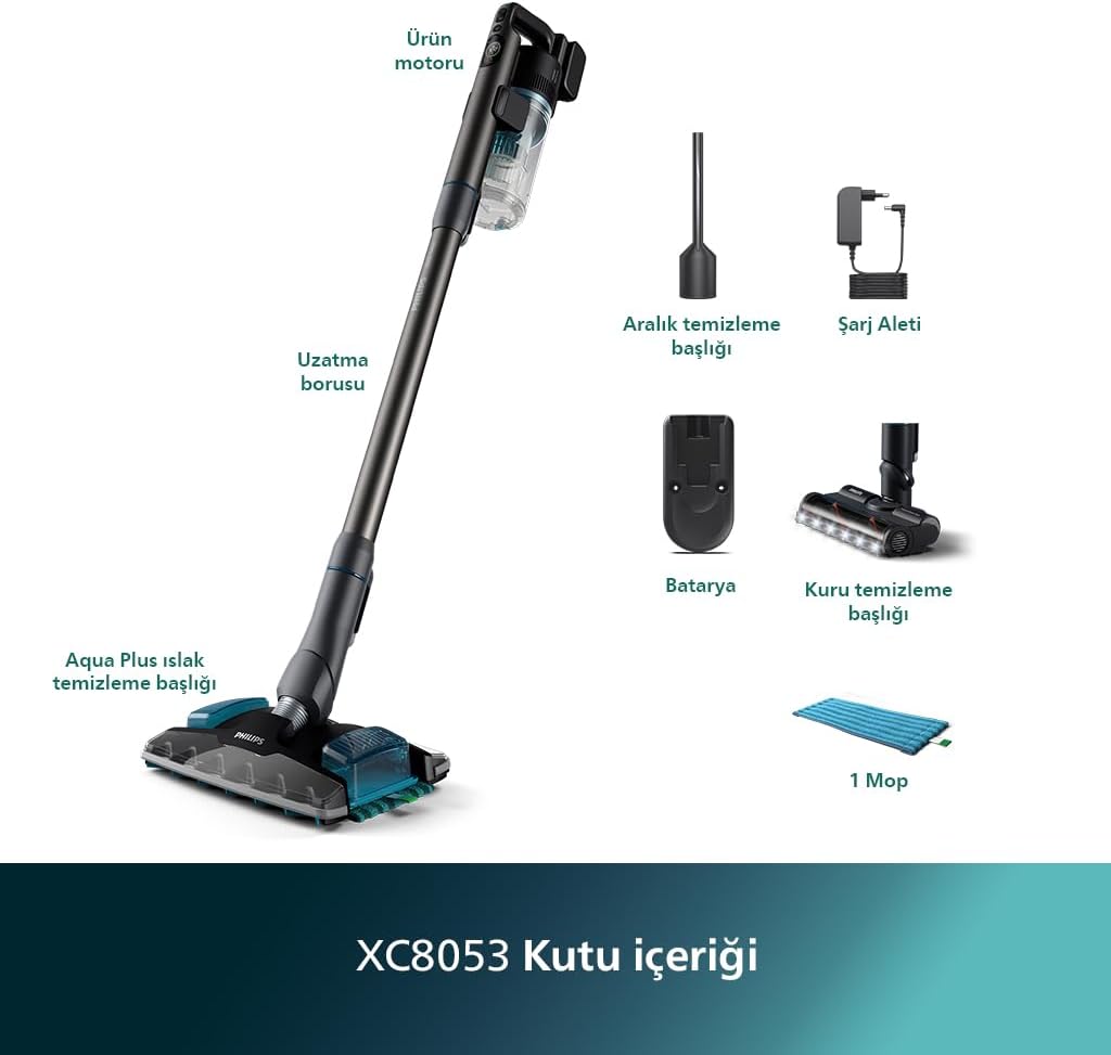 Philips 7000 Serisi Aqua 25.2 V Kablosuz Dik Süpürge, PowerCyclone 12, TriActive Akıllı Başlık, 80 dk'ya kadar Şarj, 3 Aşamalı Filtreleme, XC7053/01