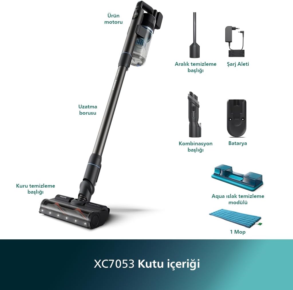 Philips 7000 Serisi Aqua 25.2 V Kablosuz Dik Süpürge, PowerCyclone 12, TriActive Akıllı Başlık, 80 dk'ya kadar Şarj, 3 Aşamalı Filtreleme, XC7053/01