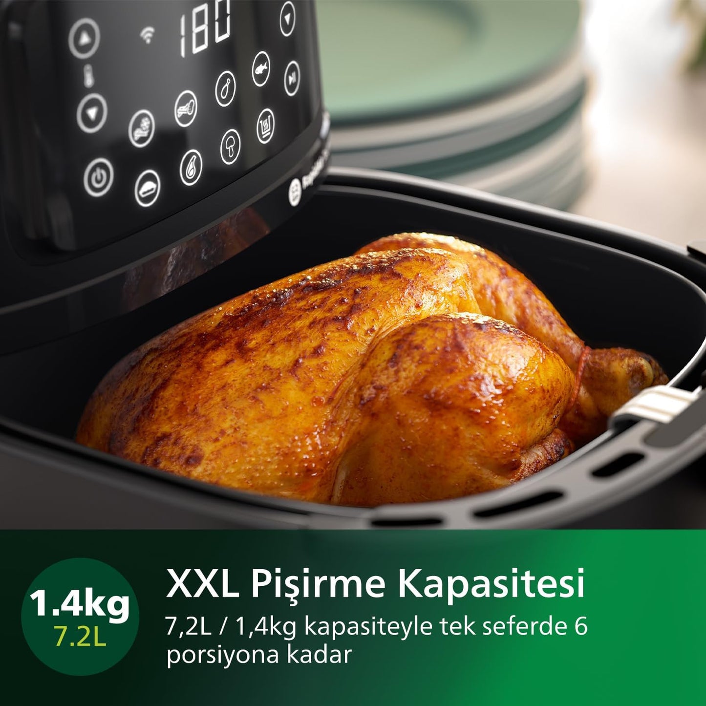 Philips 3000 Serisi Airfryer Large, Rapid Air Teknolojisi 4,1L, 7 Ayarlı Dokunmatik Ekran, Sıcak Tutma Özelliği, HomeID Uygulaması, Kullanımı ve Temizlemesi Kolay, HD9243/90