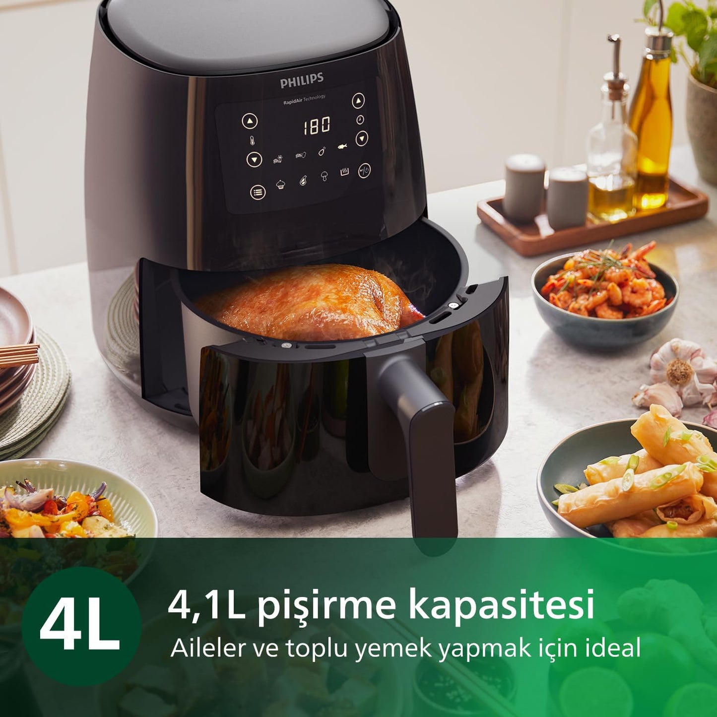 Philips 3000 Serisi Airfryer Large, Rapid Air Teknolojisi 4,1L, 7 Ayarlı Dokunmatik Ekran, Sıcak Tutma Özelliği, HomeID Uygulaması, Kullanımı ve Temizlemesi Kolay, HD9243/90