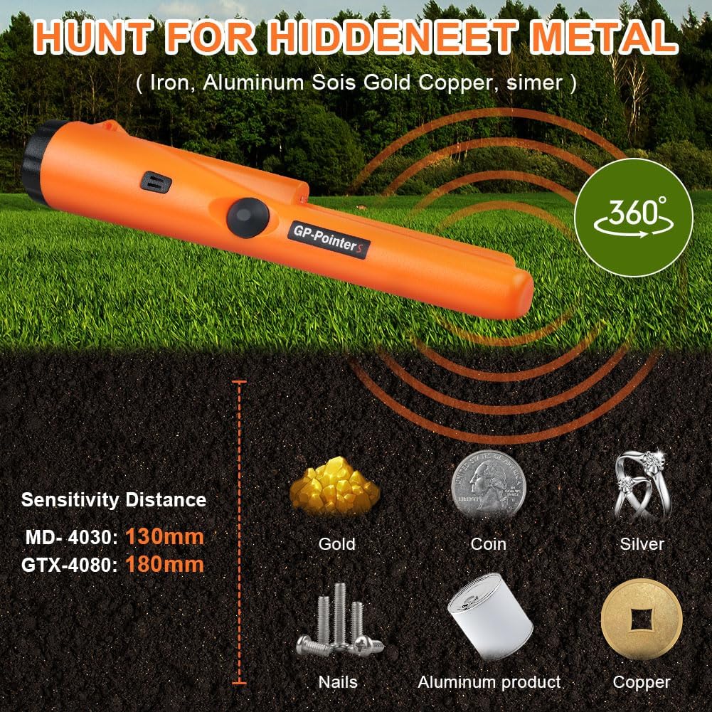 Flintronic Metal dedektörü, IP66 su geçirmez, taşınabilir 360° tarama dedektörü, LED ışıklı ve 9 V pil, entegre LED gösterge ve alarm ışığı, altın hazine avı için, yüksek hassasiyet