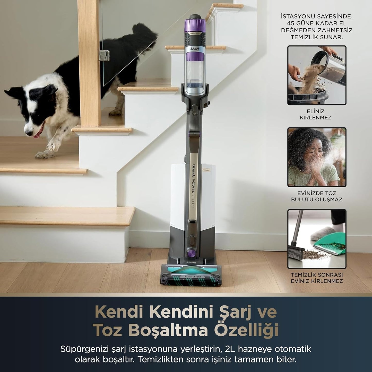 Shark Powerdetect, Otomatik Boşlatma Sistemli, Kir-Zemin-Işık-Köşe-Yön Algılama, 70 Dakikaya Kadar Çalışma Süresi, Led Ekran, Anti Hair-Wrap Başlık, Pet-Turbo-Aralık Başlıklı Şarjlı Dikey Süpürge