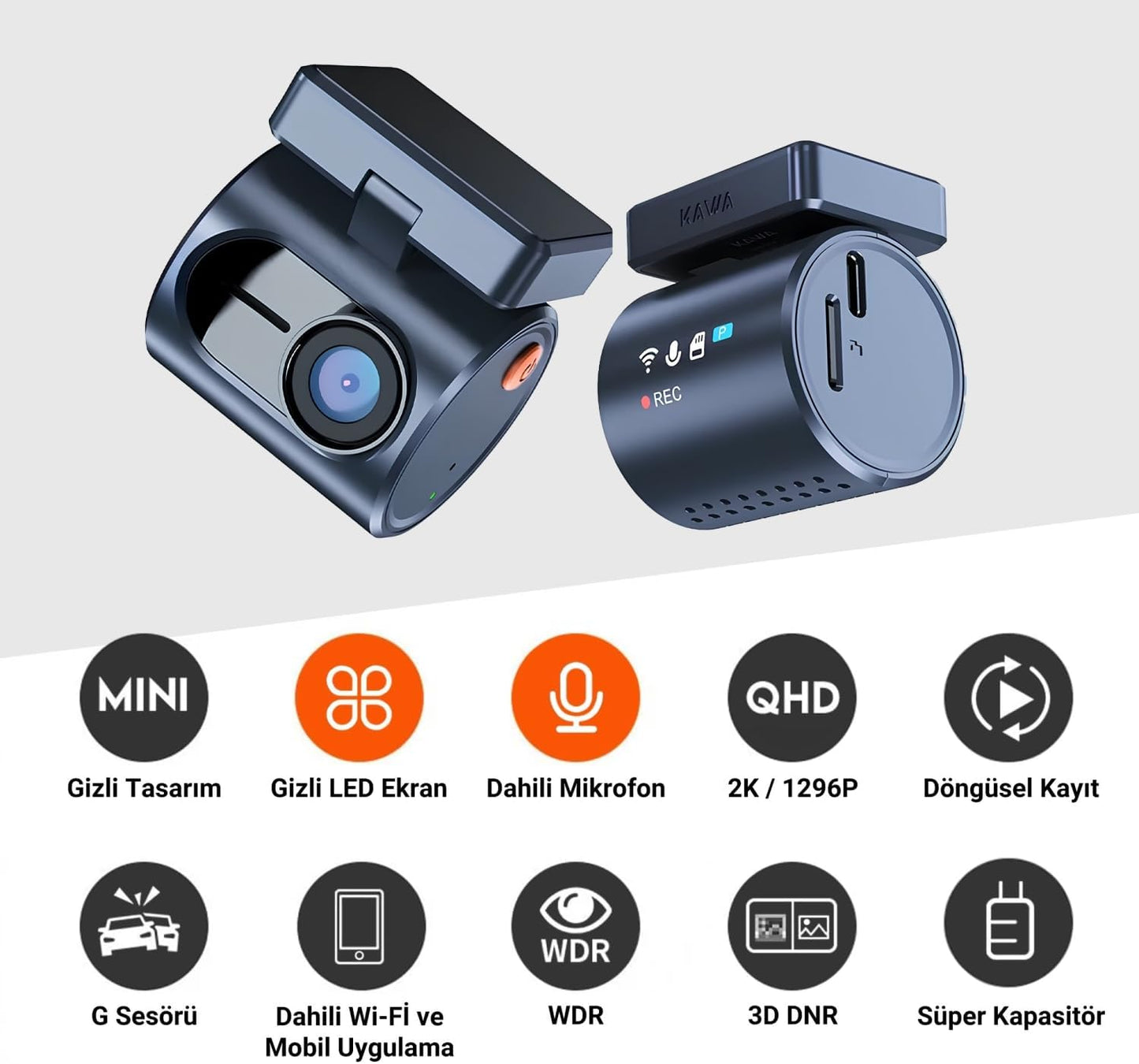 Kawa Mini 3 Pro 2K 1296P WDR Wi-Fi G-Sensörlü Gece Görüşlü Araç Kamerası Şeffaf LED Bildirim Ekranı