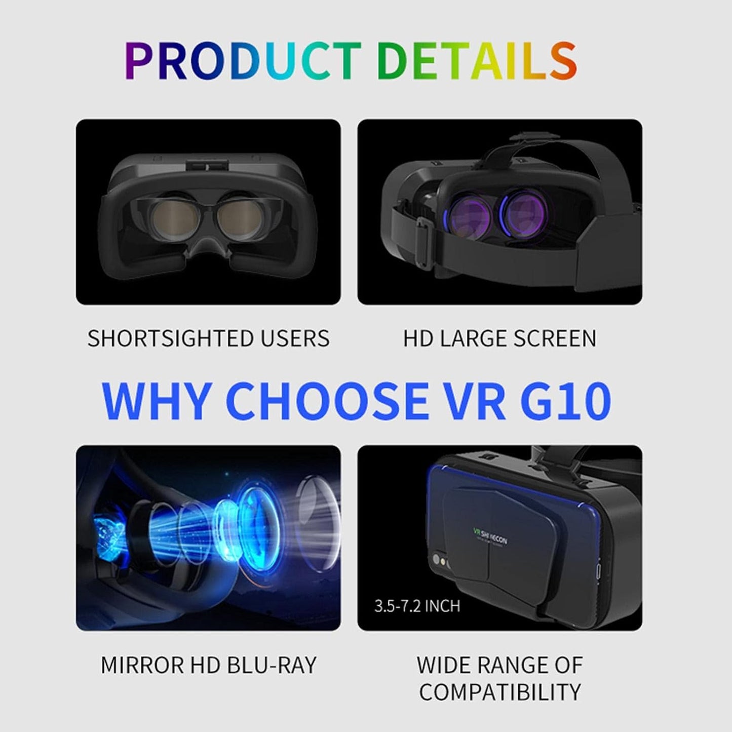 Edinber Başa monte edilmiş 3D sanal gerçeklik gözlüğü, Android, Windows ve iOS akıllı telefonlar ile uyumlu, 3,5 - 7,25 inç, siyah