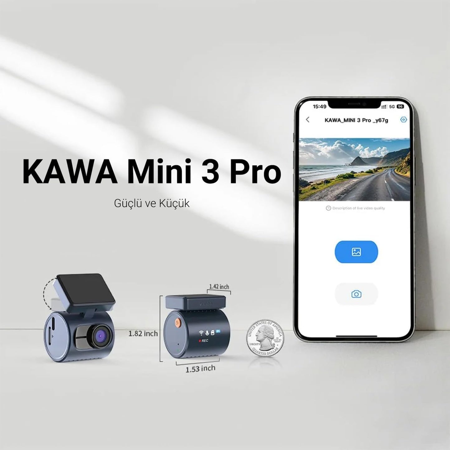 Kawa Mini 3 Pro 2K 1296P WDR Wi-Fi G-Sensörlü Gece Görüşlü Araç Kamerası Şeffaf LED Bildirim Ekranı