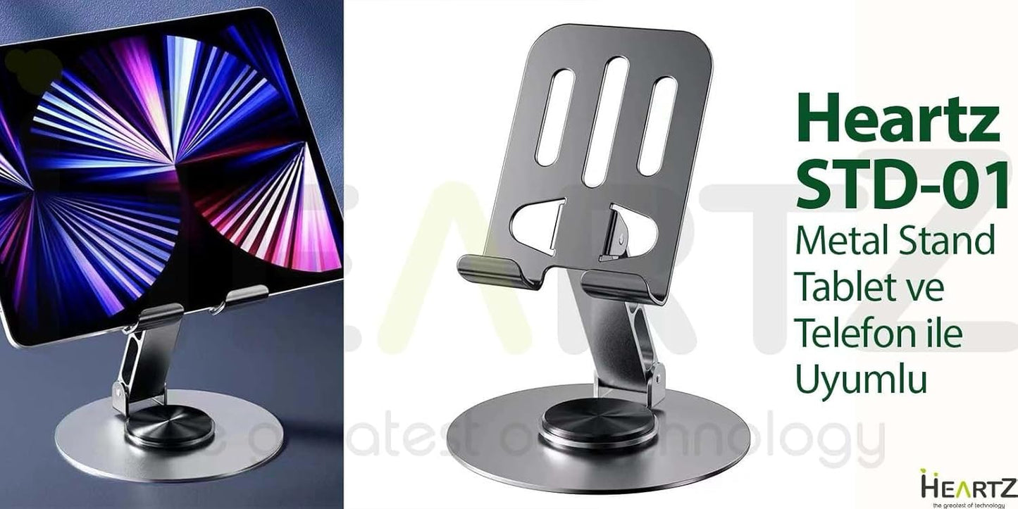 HEARTZ METAL 360 DERECE DÖNEBİLEN ÇİFT NOKTA AYARLI ÇOK FONKSİYONLU TABLET VE TELEFON STANDI