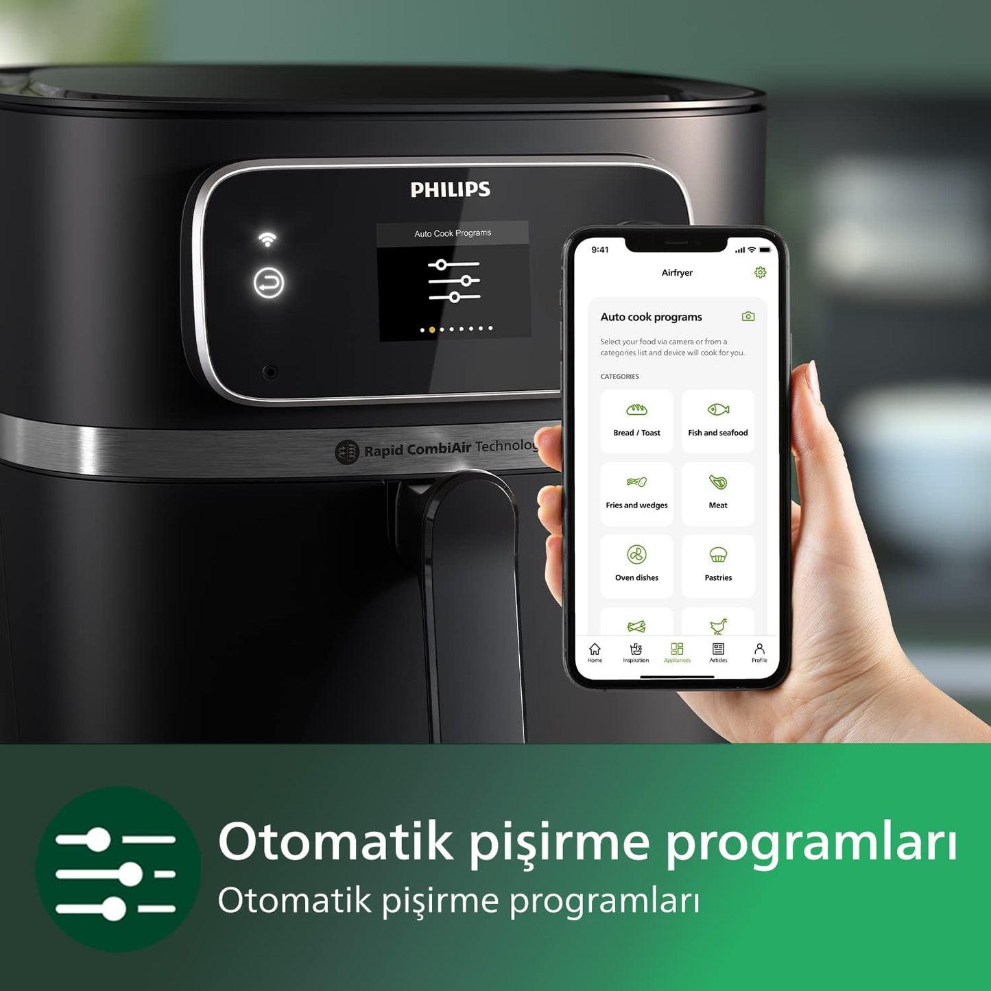Philips 3000 Serisi Airfryer Large, Rapid Air Teknolojisi 4,1L, 7 Ayarlı Dokunmatik Ekran, Sıcak Tutma Özelliği, HomeID Uygulaması, Kullanımı ve Temizlemesi Kolay, HD9243/90