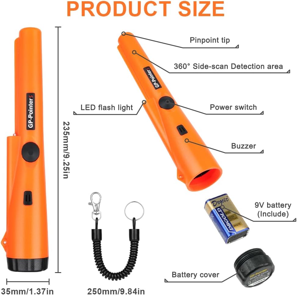 Flintronic Metal dedektörü, IP66 su geçirmez, taşınabilir 360° tarama dedektörü, LED ışıklı ve 9 V pil, entegre LED gösterge ve alarm ışığı, altın hazine avı için, yüksek hassasiyet