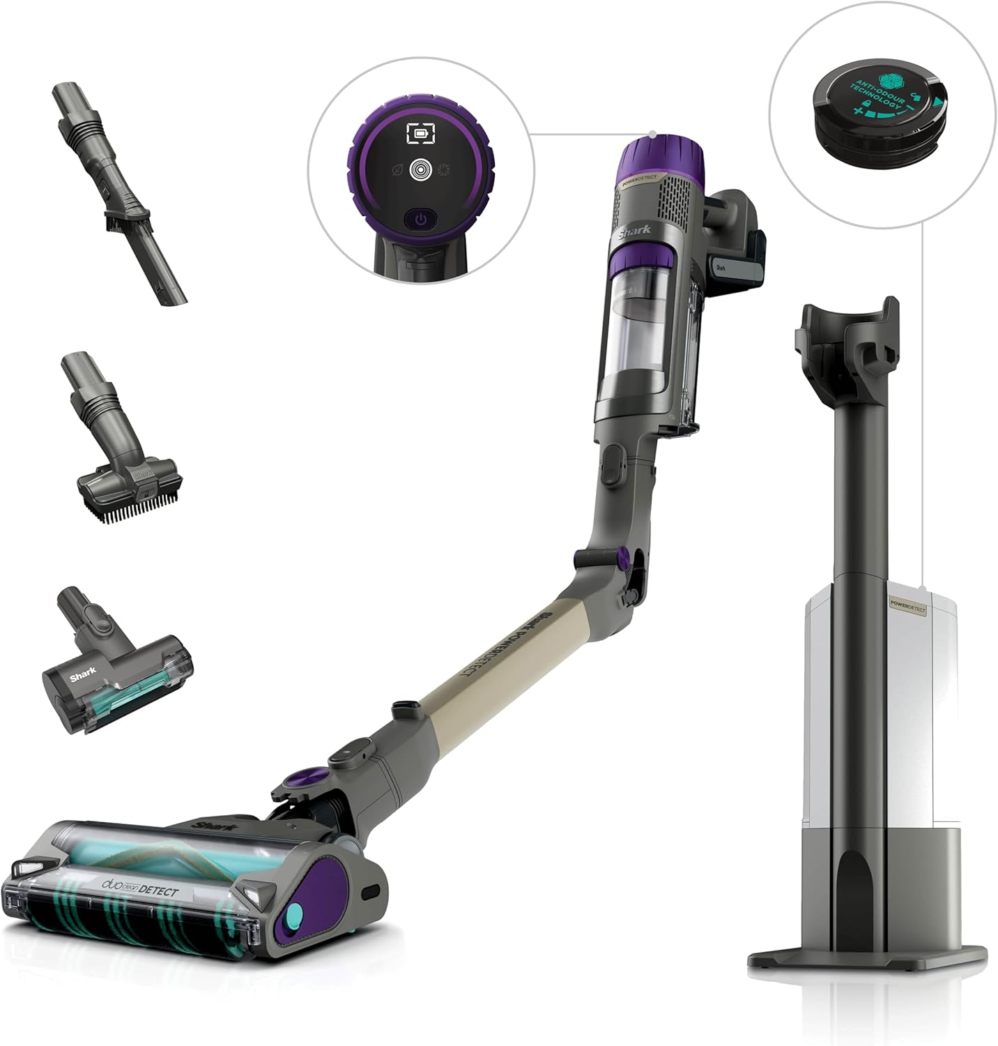 Shark Powerdetect, Otomatik Boşlatma Sistemli, Kir-Zemin-Işık-Köşe-Yön Algılama, 70 Dakikaya Kadar Çalışma Süresi, Led Ekran, Anti Hair-Wrap Başlık, Pet-Turbo-Aralık Başlıklı Şarjlı Dikey Süpürge
