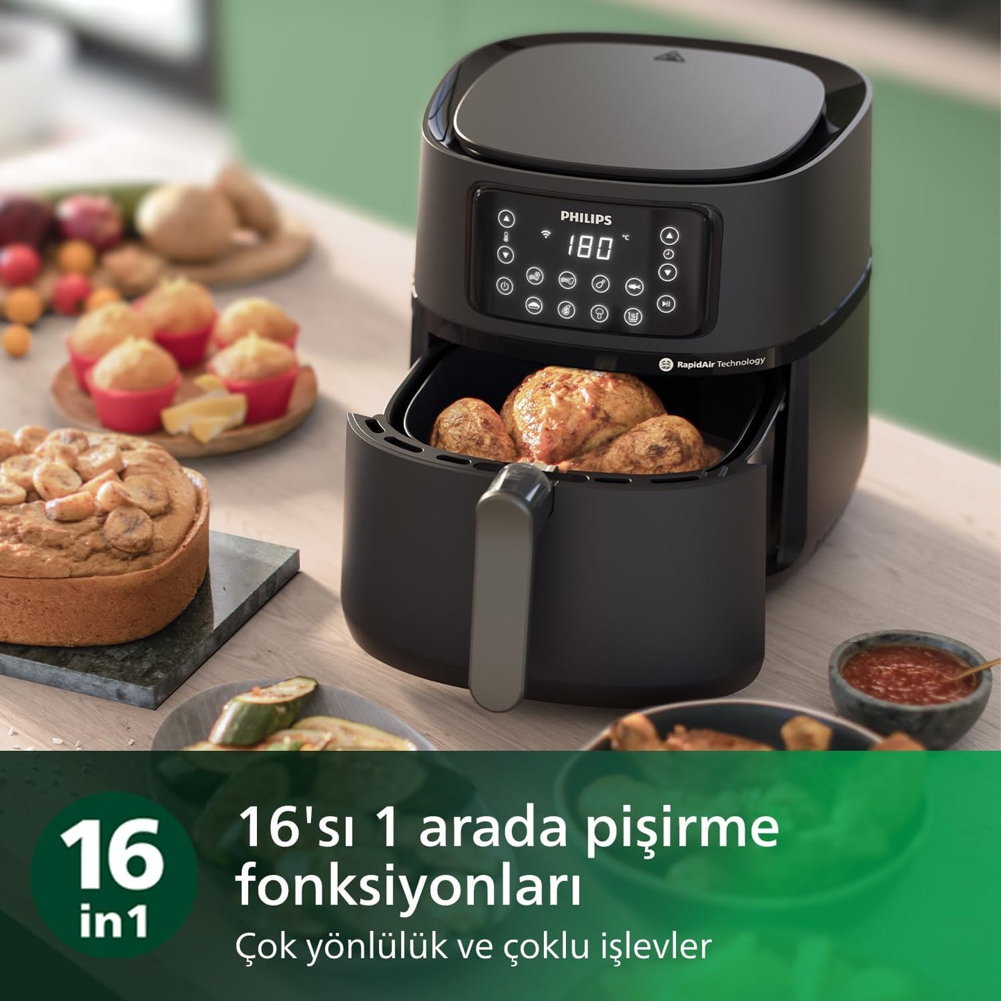Philips 3000 Serisi Airfryer Large, Rapid Air Teknolojisi 4,1L, 7 Ayarlı Dokunmatik Ekran, Sıcak Tutma Özelliği, HomeID Uygulaması, Kullanımı ve Temizlemesi Kolay, HD9243/90