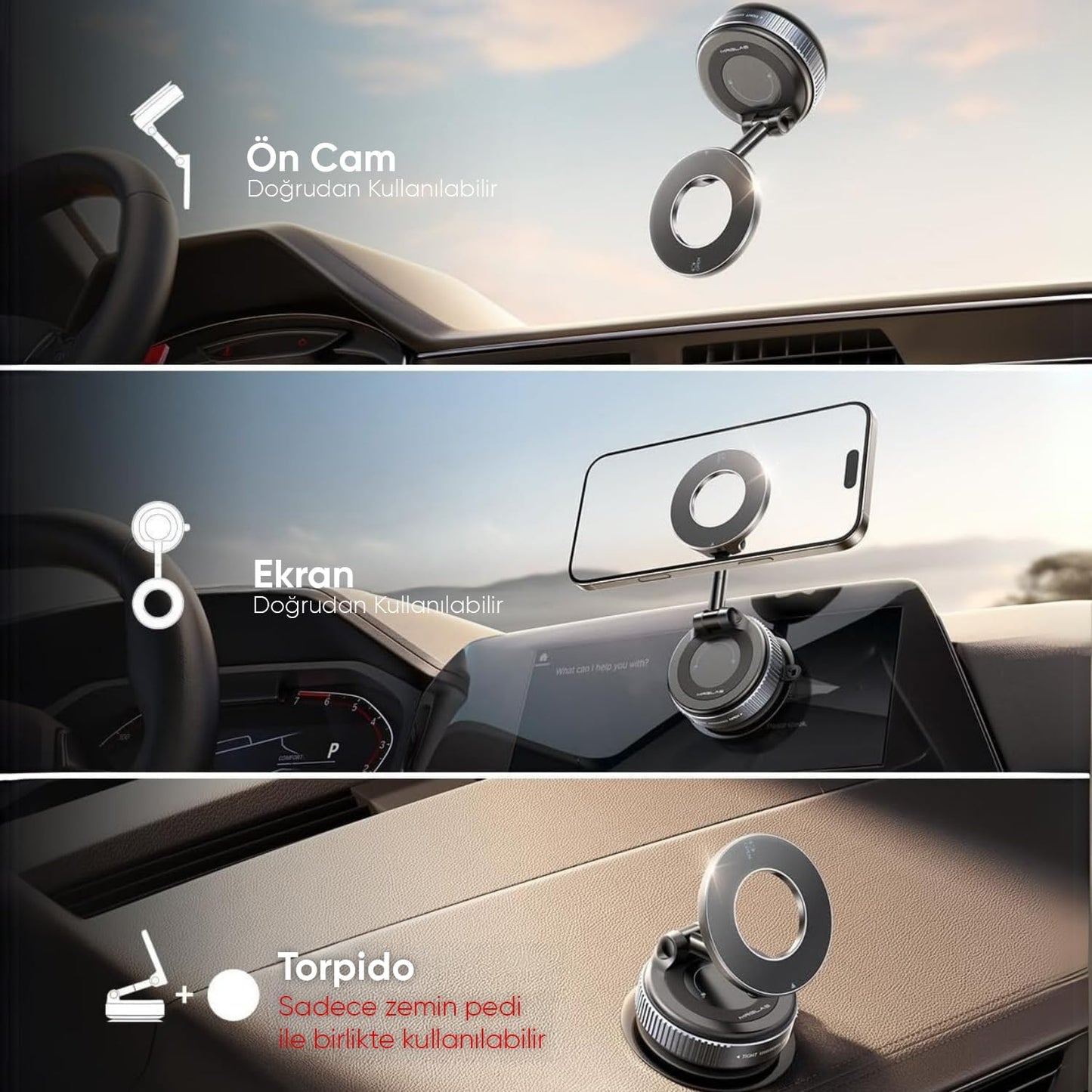 Minesk Magsafe ile Uyumlu Ultra Güçlü Mıknatıslı ve 360 Dönebilen yüksekliği ve Ekran Açısı Ayarlanabilen Vakum Sistemli Akıllı Telefon Tutucu (Vakumlu Manyetik)