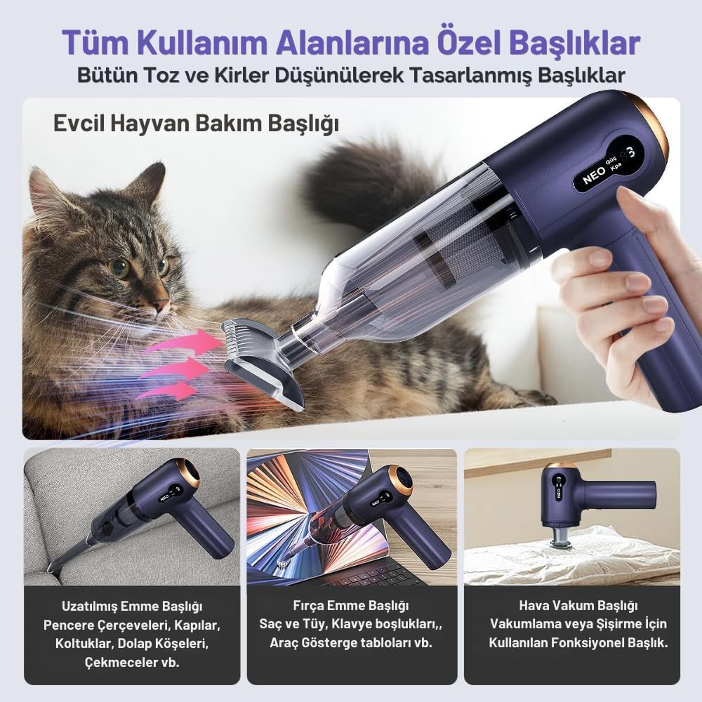 Neo 3 Kademeli Süper Şarjlı Araç Süpürgesi Ev-Ofis-Araba Kullanımı Çok Fonksiyonlu Emiş Gücü 15000PA - Üfleme Özellikli 1 Adet Filtre Hediye