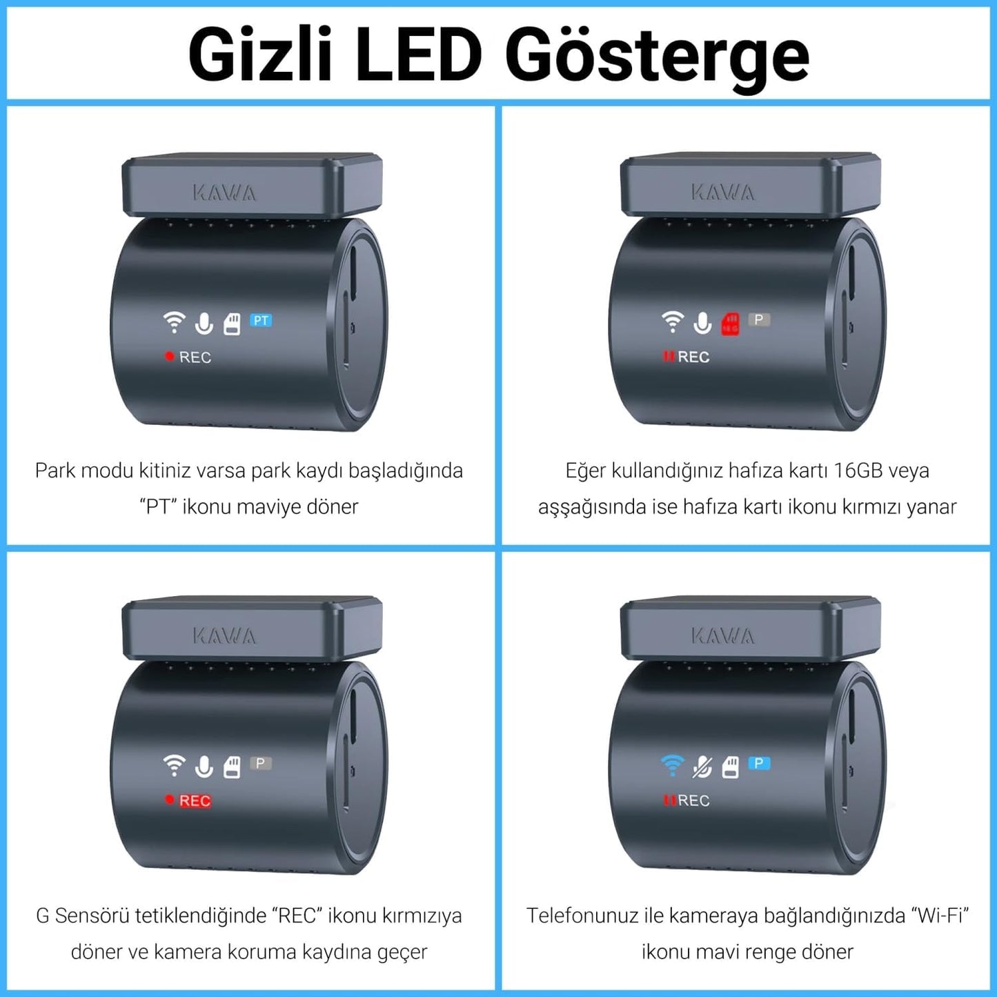 Kawa Mini 3 Pro 2K 1296P WDR Wi-Fi G-Sensörlü Gece Görüşlü Araç Kamerası Şeffaf LED Bildirim Ekranı