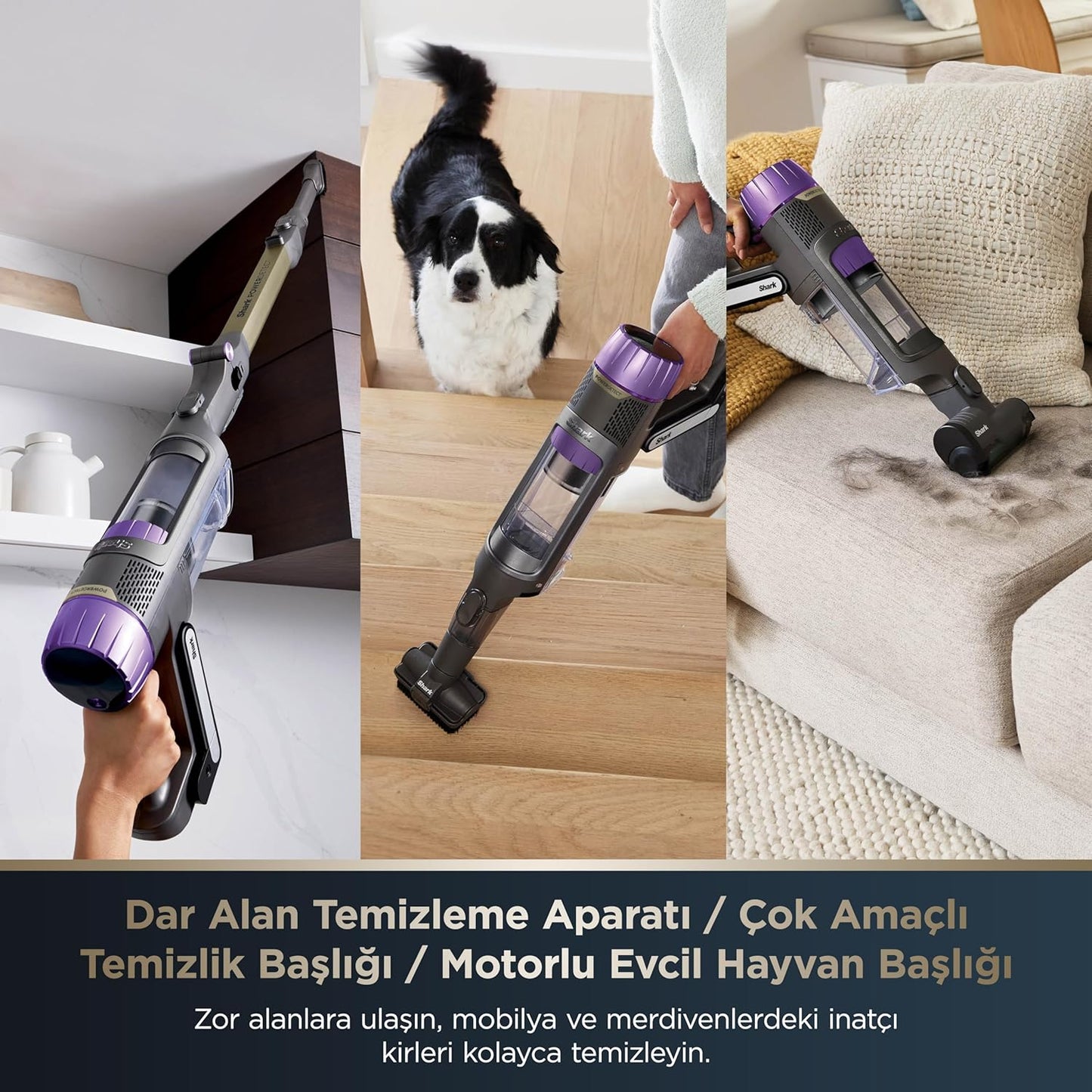 Shark Powerdetect, Otomatik Boşlatma Sistemli, Kir-Zemin-Işık-Köşe-Yön Algılama, 70 Dakikaya Kadar Çalışma Süresi, Led Ekran, Anti Hair-Wrap Başlık, Pet-Turbo-Aralık Başlıklı Şarjlı Dikey Süpürge